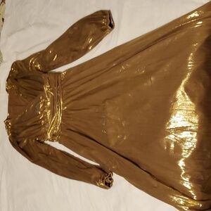 NEW Plunge Neck Bishop Sleeve Metallic Dress in Champagne Size S NWOT